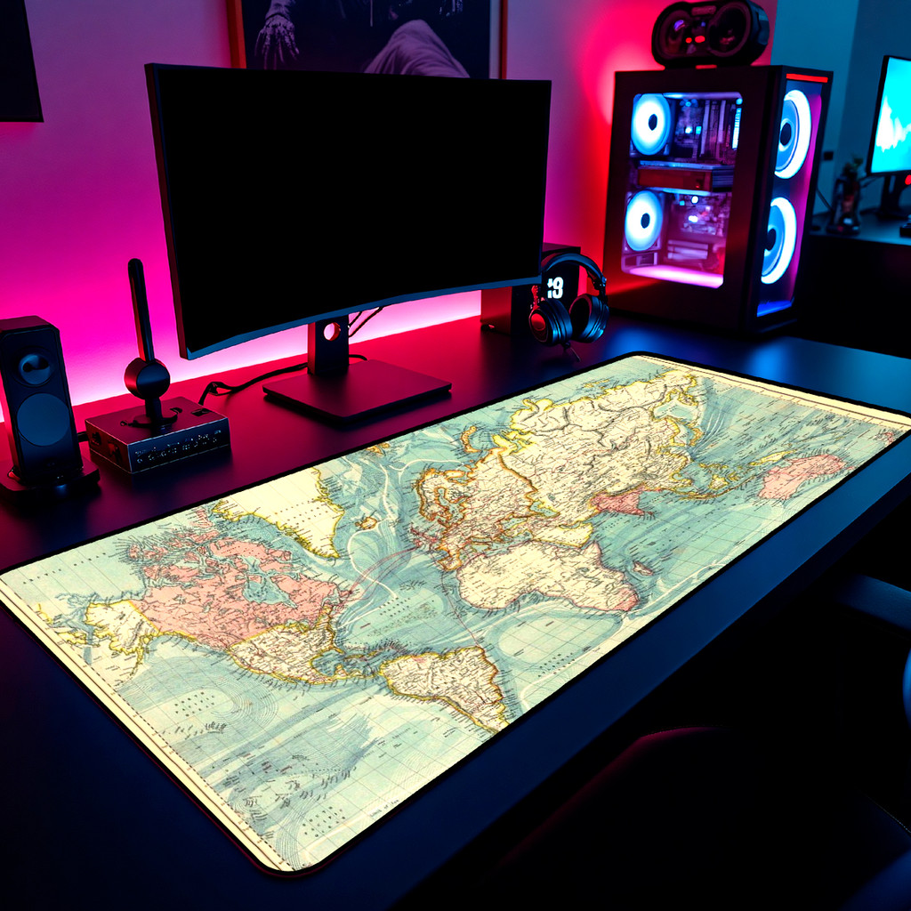 Mouse Pad Gamer Mapa Mundi Vintage Antigo Retro Map 65x30cm 80x40cm 90x50cm 120x60cm Borda Costurada