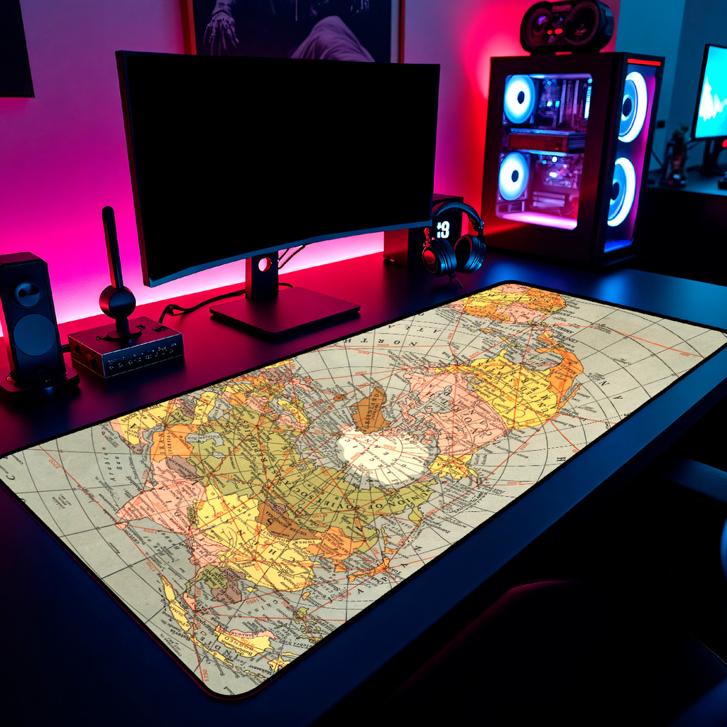 Mouse Pad Gamer Mapa Mundi Vintage Retro 65x30cm 80x40cm 90x50cm 120x60cm Borda Costurada