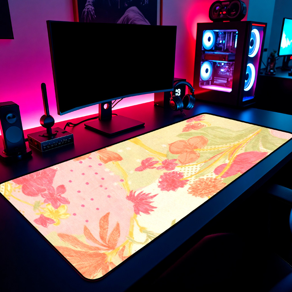 Mouse Pad Gamer Estampa Floral Vintage Tons Pastel 65x30cm 80x40cm 90x50cm 120x60cm Borda Costurada