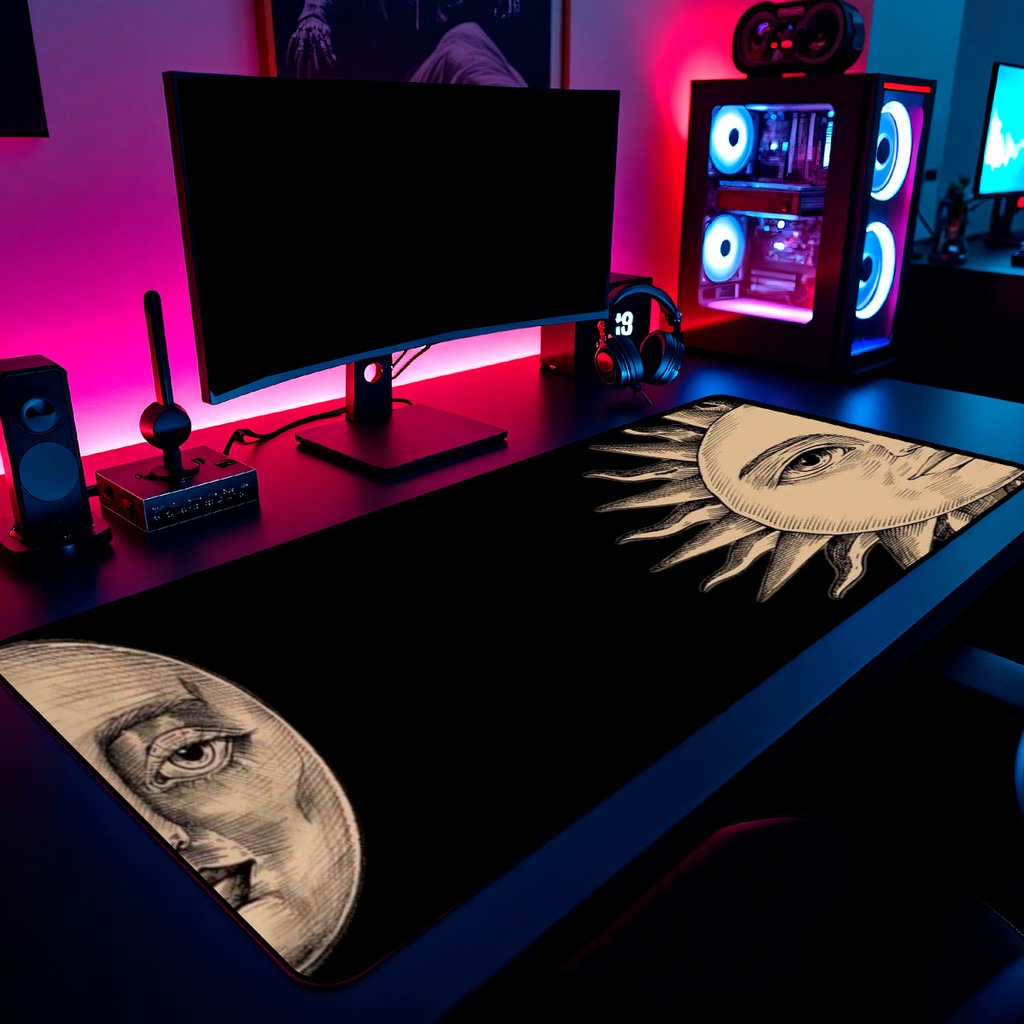 Mouse Pad Gamer Sol E Lua Vintage Minimalista 65x30cm 80x40cm 90x50cm 120x60cm Borda Costurada