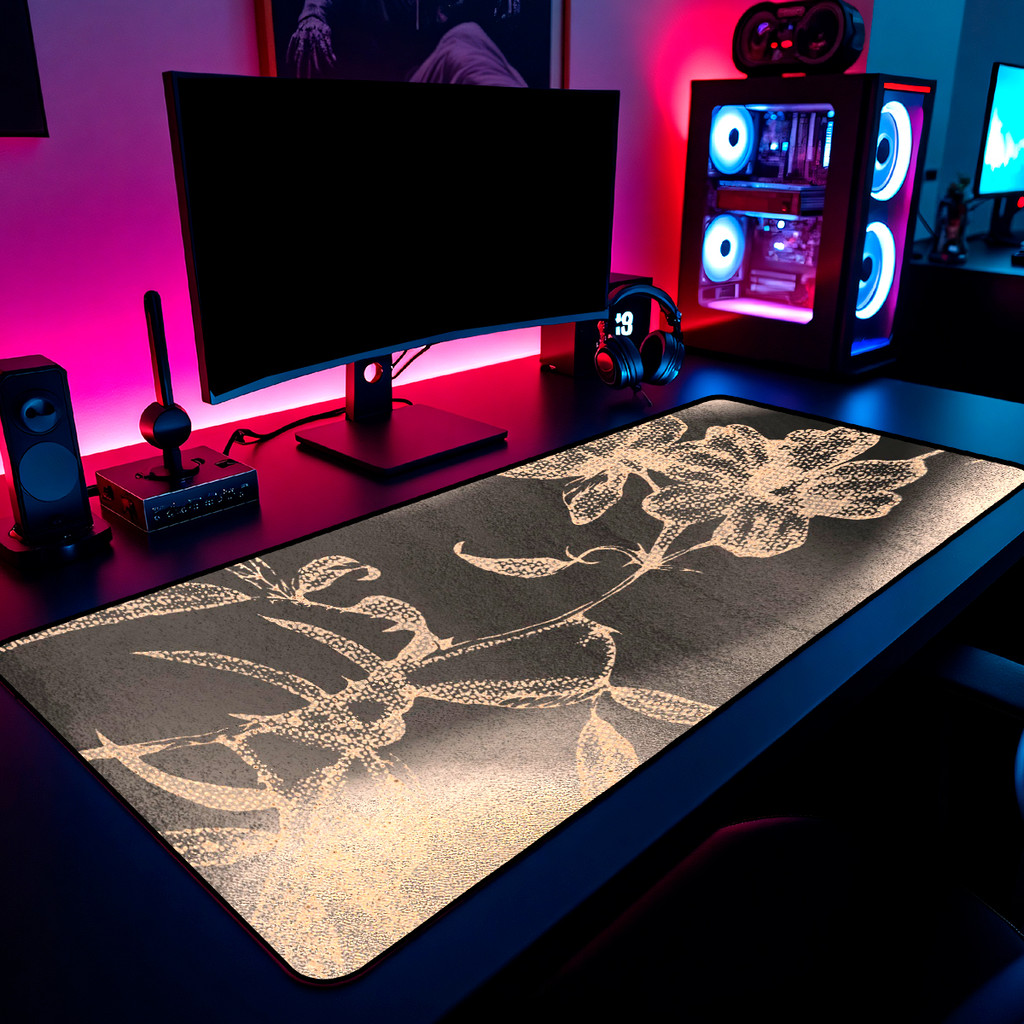 Mouse Pad Gamer Flores Douradas Estilo Vintage Grunge Escuro 65x30cm 80x40cm 90x50cm 120x60cm Borda Costurada