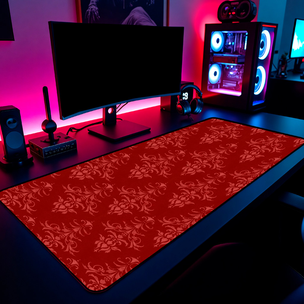 Mouse Pad Gamer Damasco Vermelho Vintage Realeza 65x30cm 80x40cm 90x50cm 120x60cm Borda Costurada