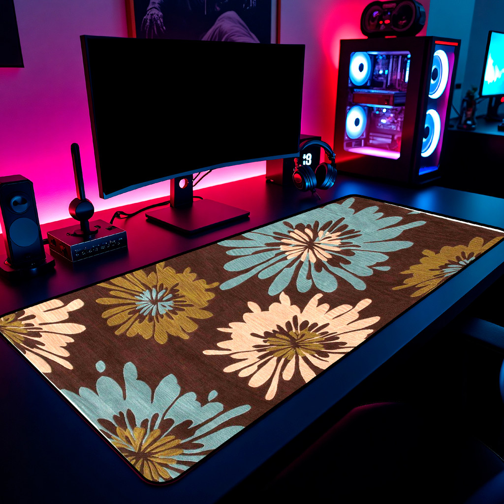 Mouse Pad Gamer Flores Boho Vintage Fundo Escuro Chic 65x30cm 80x40cm 90x50cm 120x60cm Borda Costurada