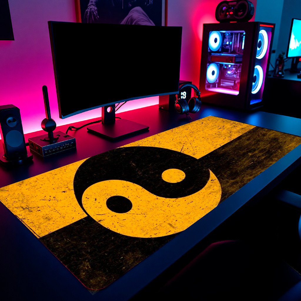 Mouse Pad Yin Yang Vintage Amarelo Preto Gamer 65x30cm / 80x40cm / 90x50cm / 120x60cm Borda Costurada