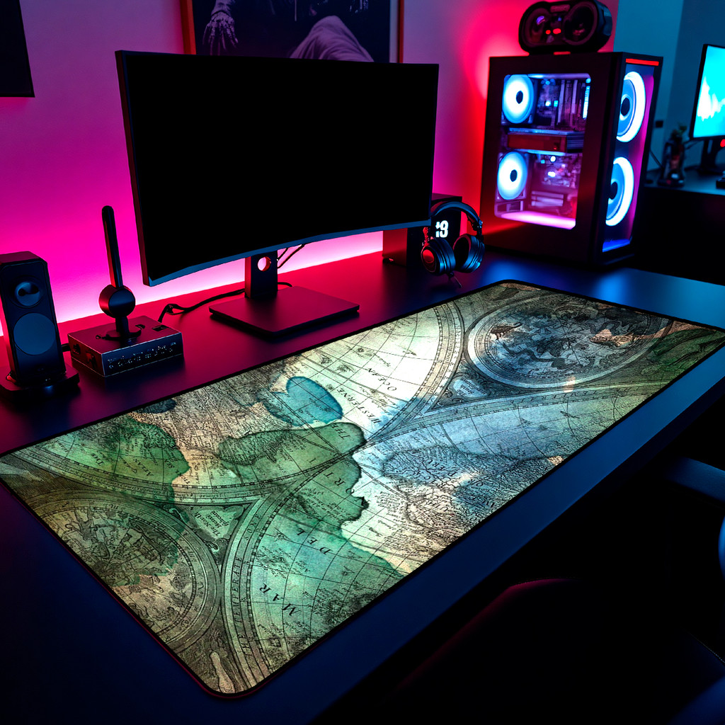 Mouse Pad Gamer Mapa Mundi Antigo Vintage 65x30cm 80x40cm 90x50cm 120x60cm Borda Costurada