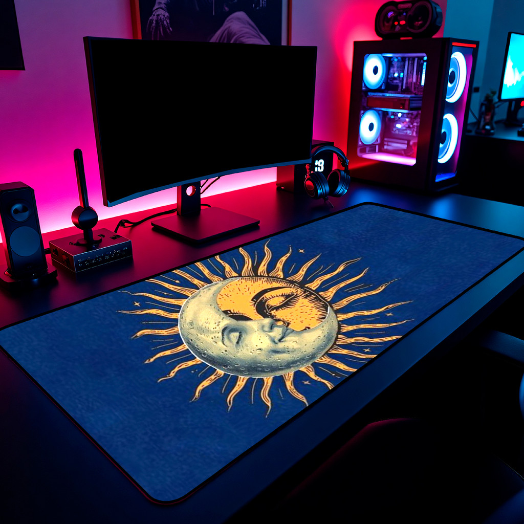 Mouse Pad Gamer Sol E Lua Mistico Vintage 65x30cm 80x40cm 90x50cm 120x60cm Borda Costurada