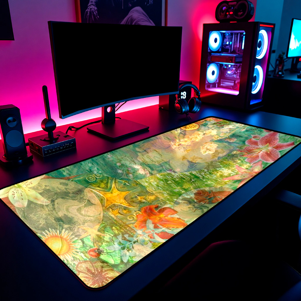 Mouse Pad Gamer Floral Vintage Colagem 65x30cm 80x40cm 90x50cm 120x60cm Borda Costurada