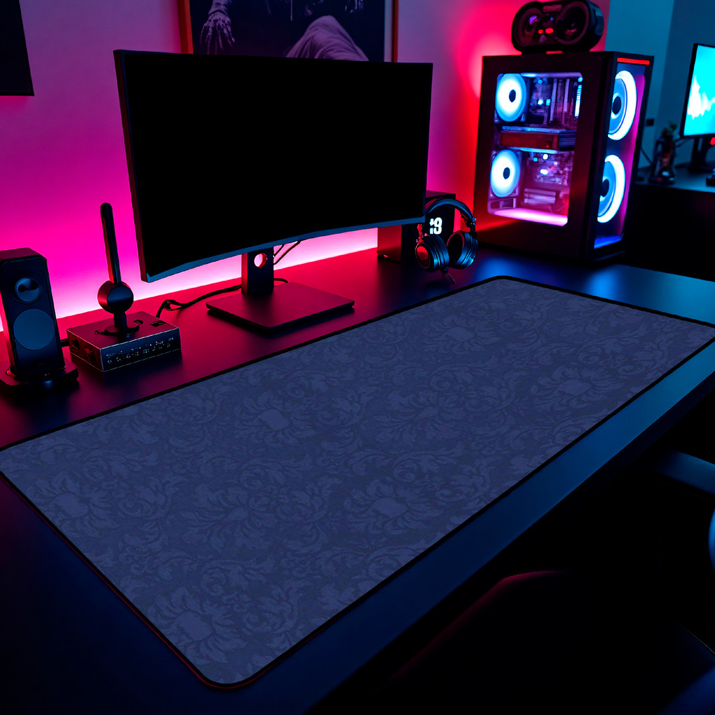 Mouse Pad Gamer Damasco Azul Escuro Vintage Retró 65x30cm 80x40cm 90x50cm 120x60cm Borda Costurada