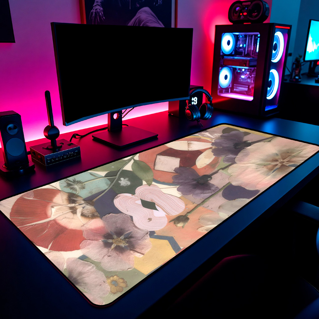 Mouse Pad Gamer Flores Vintage Secas Colagem Boho 65x30cm 80x40cm 90x50cm 120x60cm Borda Costurada