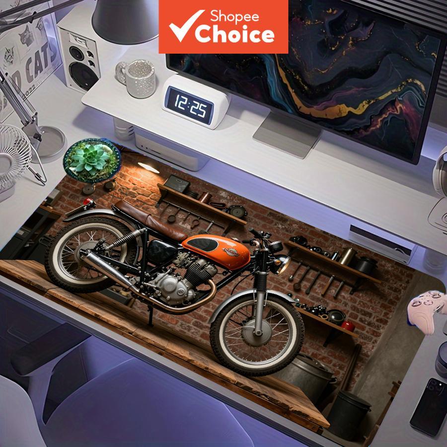 Oficina de Garagem de Tijolo Vermelho com Moto Estilo Cafe Racer Laranja Vintage, Mouse Pad Gamer Grande XXL com Base
