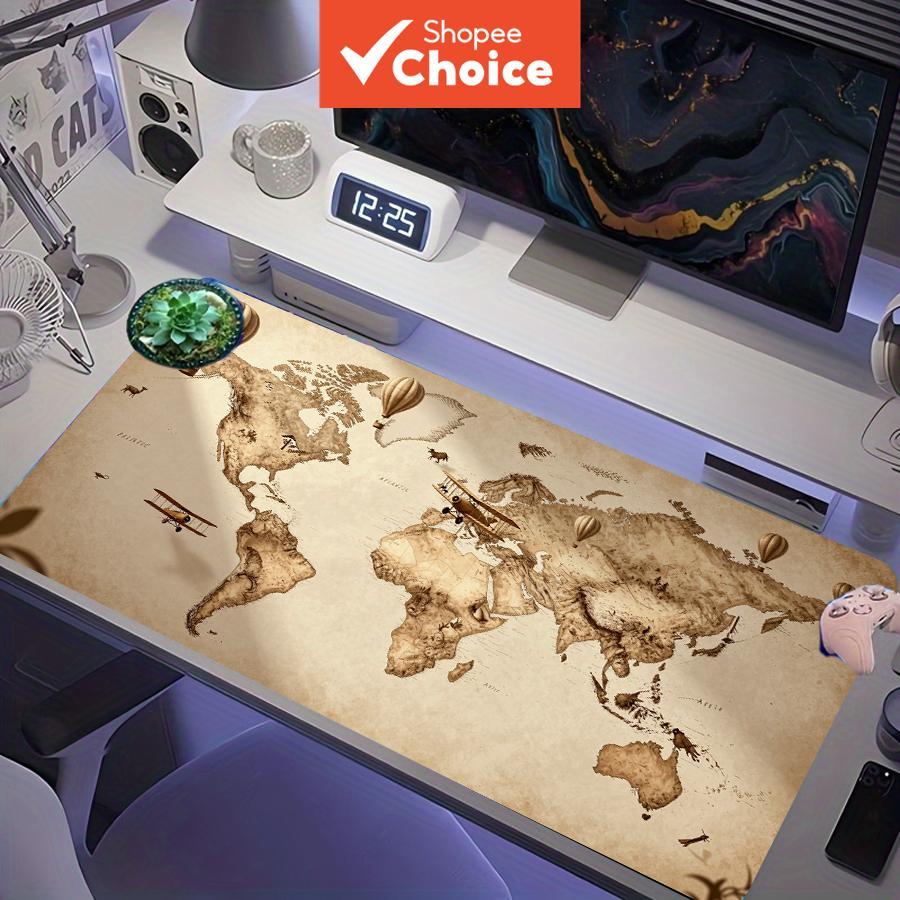 Mapa-múndi Retro de Papel Antigo de Estilo Vintage com Balão de Ar Quente e Avião - Mouse Pad Gamer Grande XXL com Base