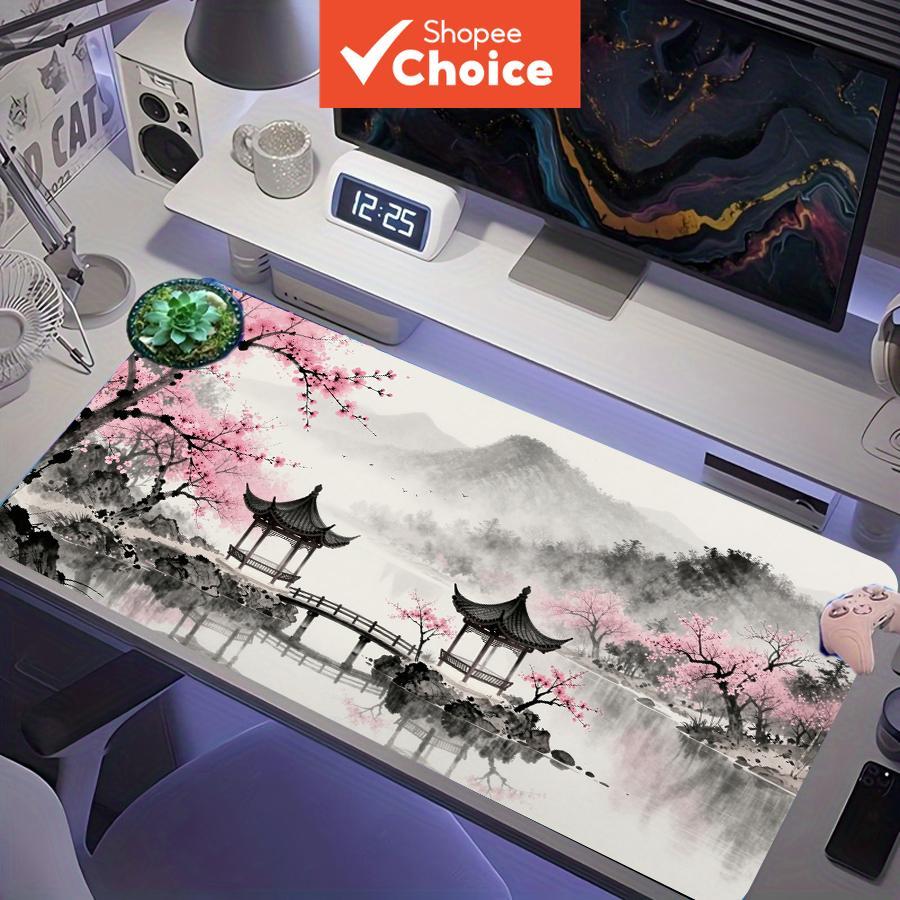 Tapete de mesa XXL Pavilhão de Sakura vintage com tinta lavada, estilo chinês clássico, ponte de madeira, montanha