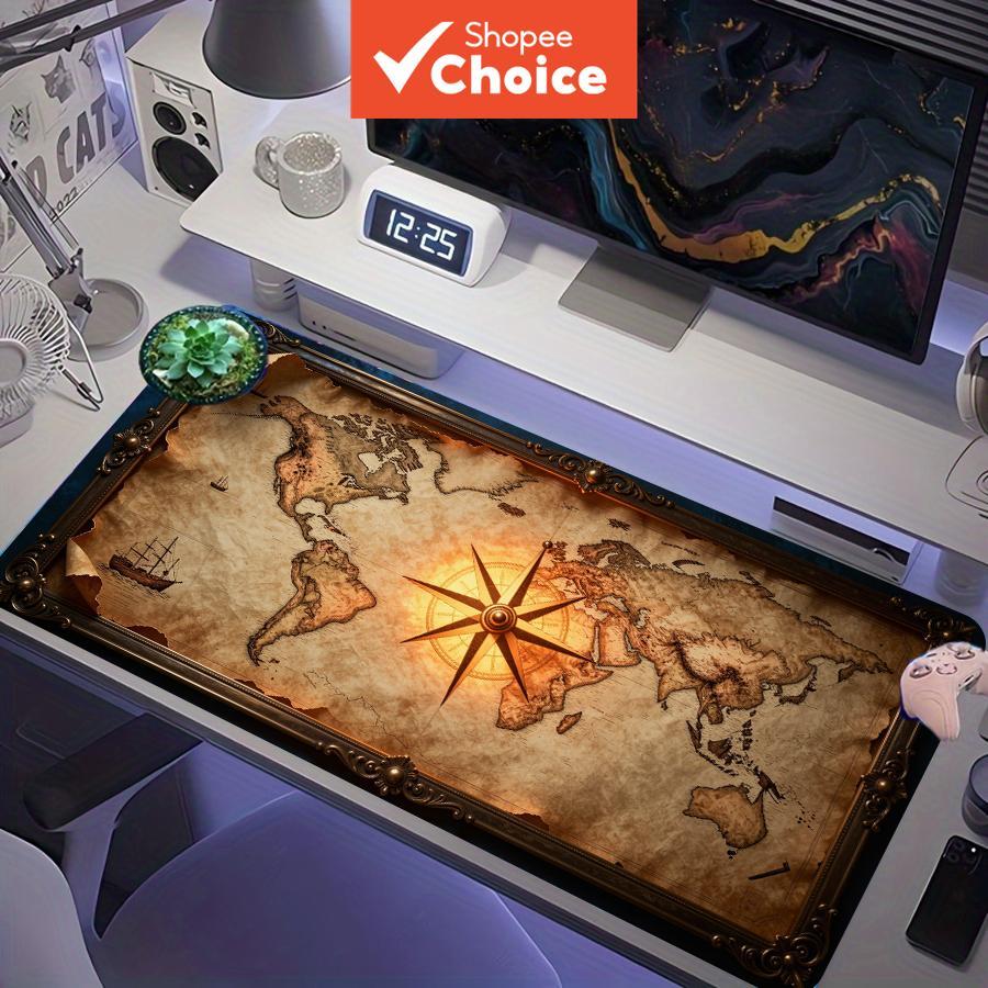 Tapete de mouse de jogo extra grande com moldura ornamentada de bússola dourada, mapa do mundo antigo vintage, estilo
