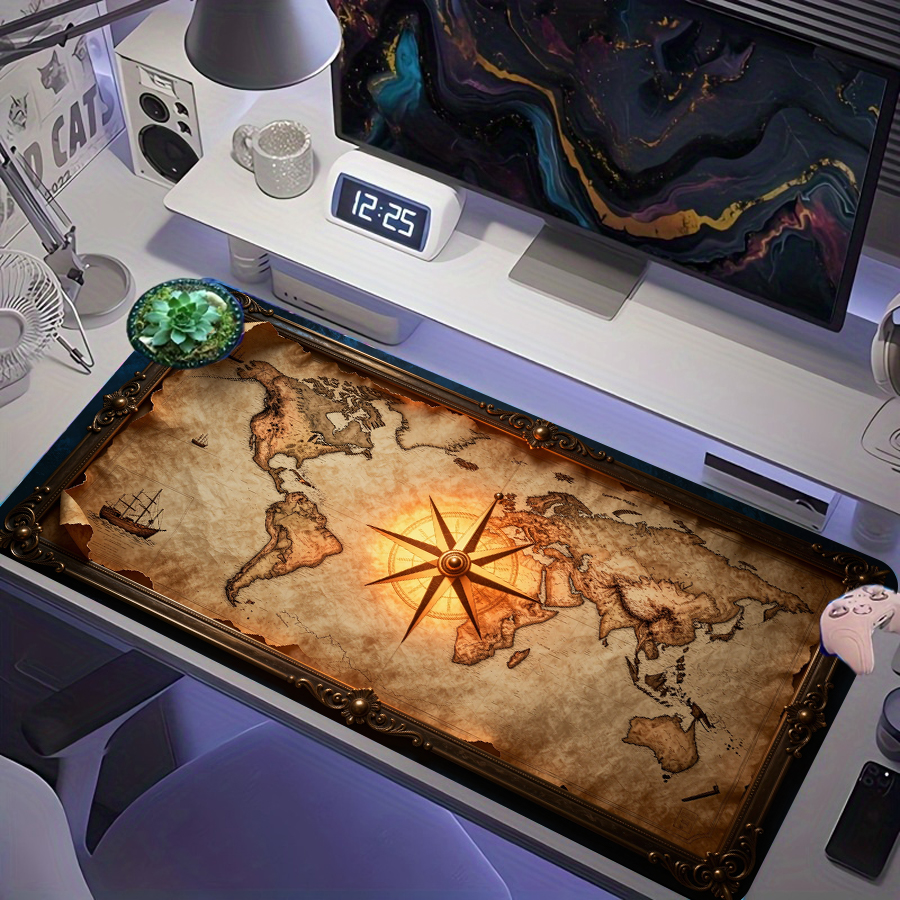 Tapete de mouse para jogos de estilo vintage, mapa-múndi antigo com bússola dourada, moldura ornamentada, tema de navio