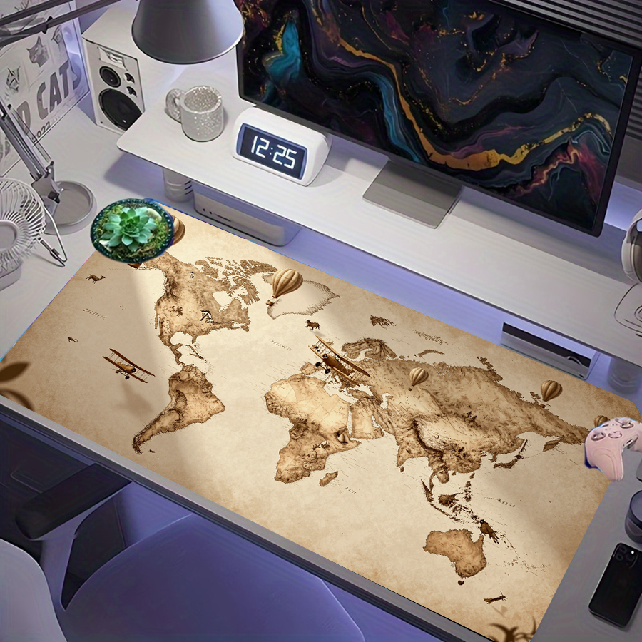 Mapa do Mundo de Papel Antigo Vintage, Balão de Ar Quente Retrô, Avião, Mouse Pad para Jogos Estendido, Tapete de Mesa