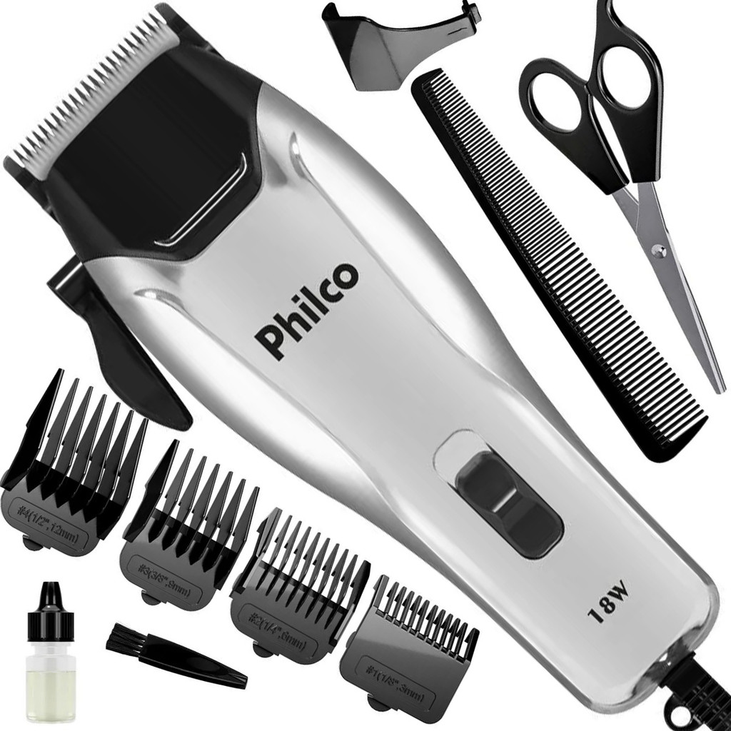 Kit Máquina Cortar Cabelo Barba Philco 4 pentes PCR04 9 Acessórios 18W Cerâmica 3mm 6mm 9mm e 12mm