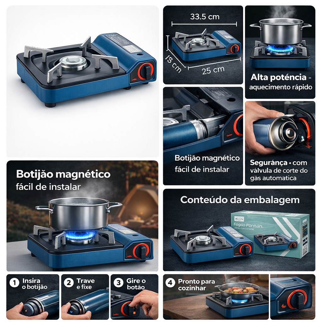 Fogão Portátil a Gás para Camping com Botijão Magnético 3.5kw – Alta Potência e Segurança