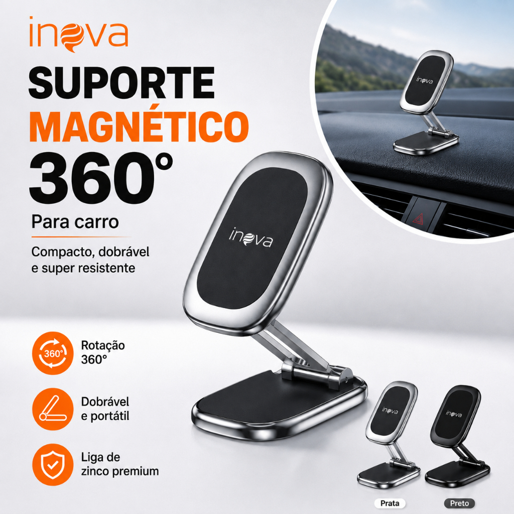 INOVA Suporte para Celular Carro Magnético 360° Dobrável MagSafe Universal em Liga de Zinco para Painel