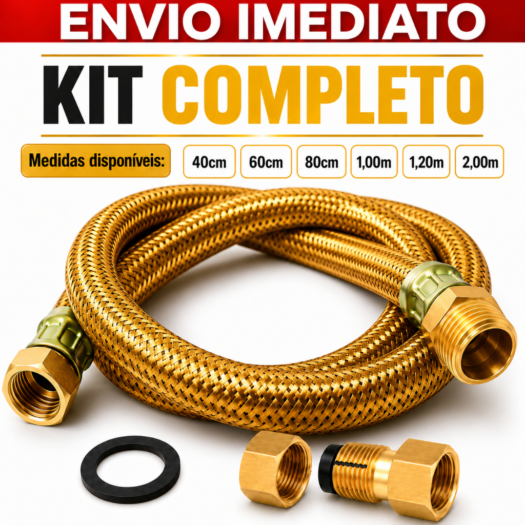 Kit Mangueira Gas Encanado Metalica Cobre Adaptador Femea Instalação Apartamento Cooktop Aquecedor