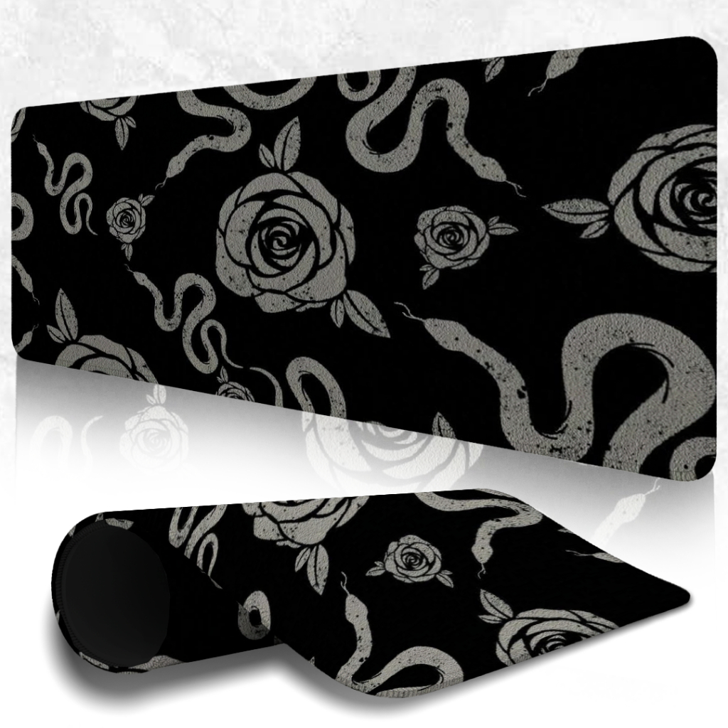 Mouse Pad Antiderrapante Speed Gamer Liso Sem Relevos Com Bordas Costuradas Personalização Gray Snake Roses Detalhada