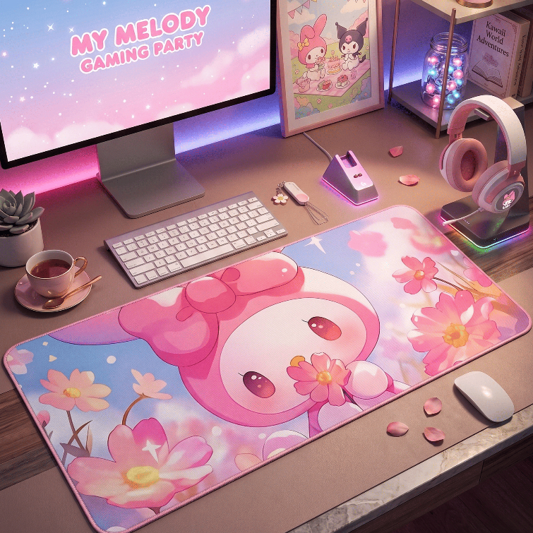 Mouse Pad Gamer p/ Destktop Borda Costurada Estampas Rosa Meninas Kawaii Kuromi  Designs De Anime