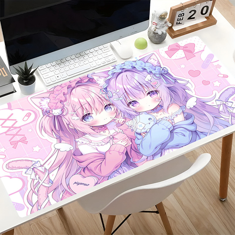 Escritório Mouse Pad Orelhas De Gato Anime kawaii Tapete De Mesa Antiderrapante Grande Teclado Estendido Bloqueio Borda