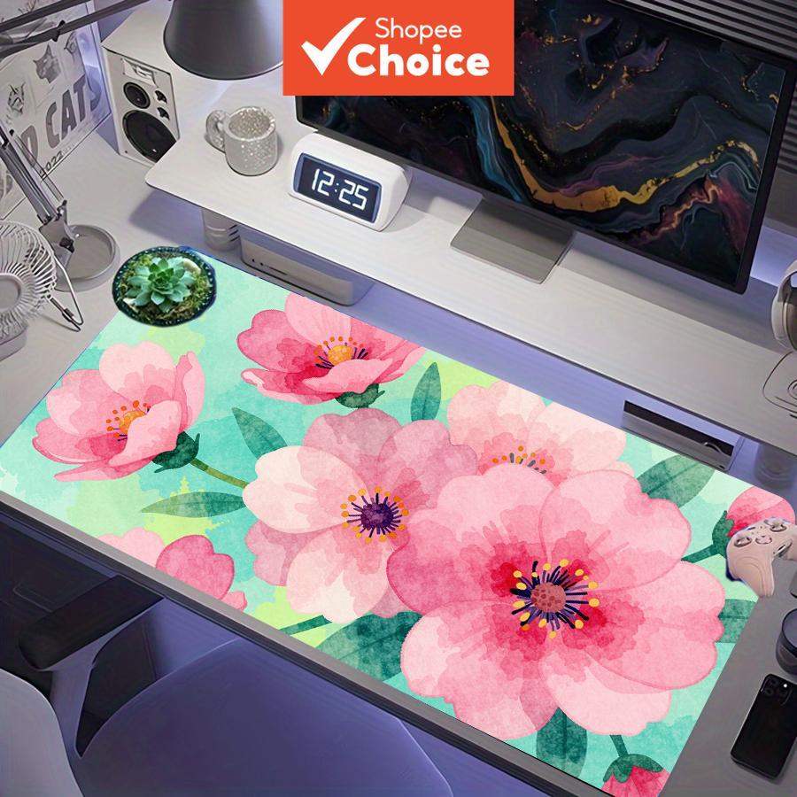 Tapete de mouse para jogos grande de peônias cor-de-rosa aquarela, base de borracha antiderrapante XXL tapete de teclado