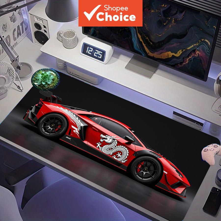 Carro esportivo vermelho com adesivo de dragão branco, mouse pad de jogo estendido, XXL tapete de mesa