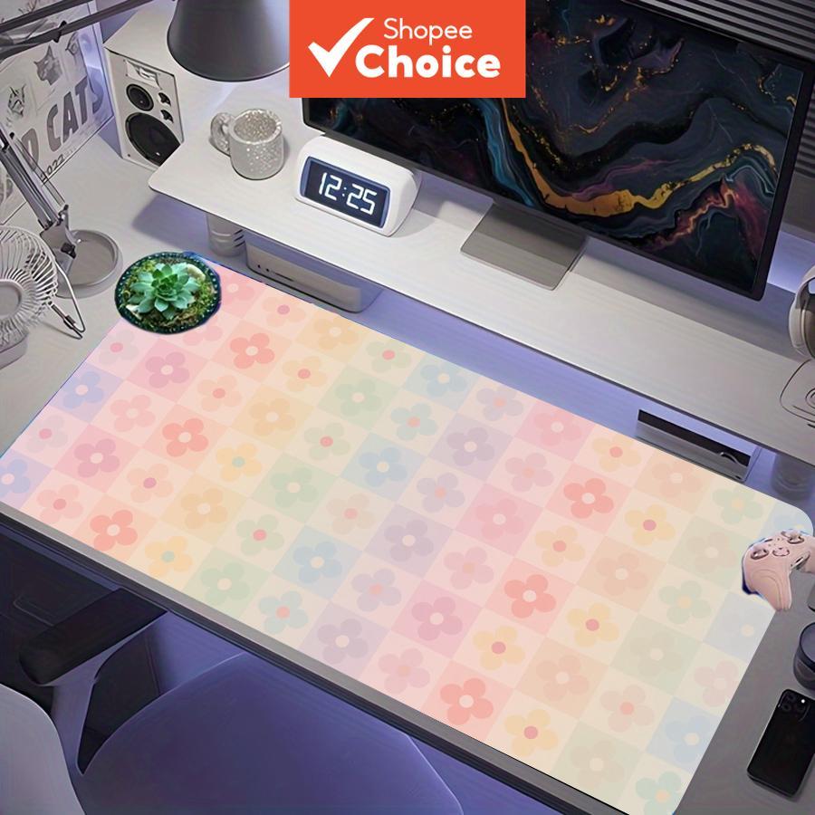 Tapete de mouse para jogos estendido XXL, estilo pastel macaron, com padrão de flores e tabuleiro de xadrez