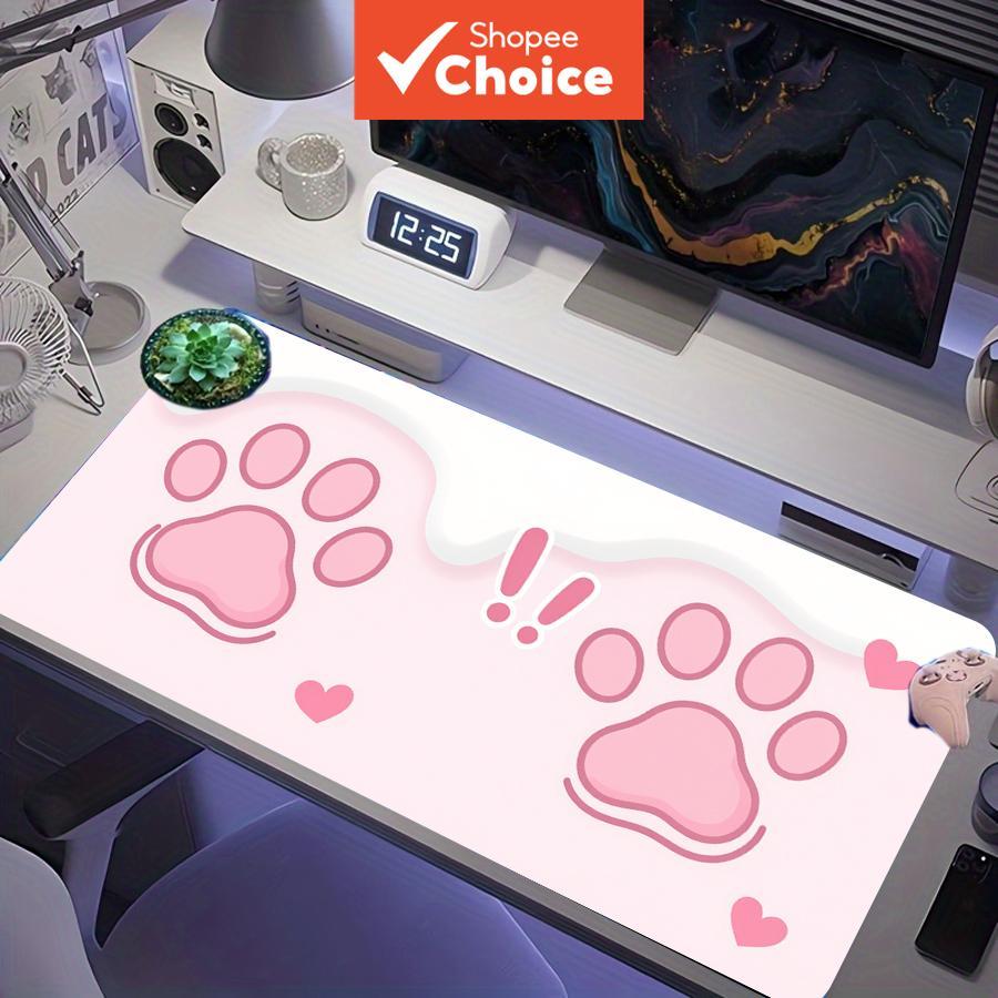 Almofada de rato de jogos XXL rosa com patas de gato fofas e corações, tapete de mesa
