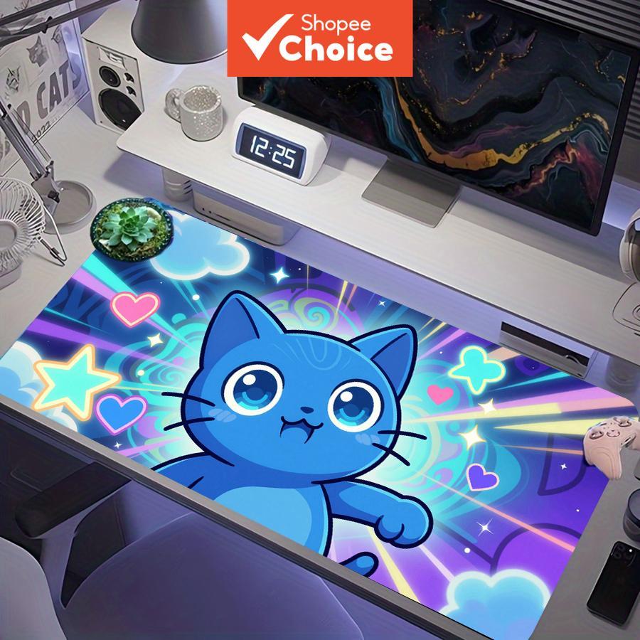 Tapete de mouse para jogos estendido com desenho de gato azul neon fofo, estrelas e corações, em formato XXL grande, com