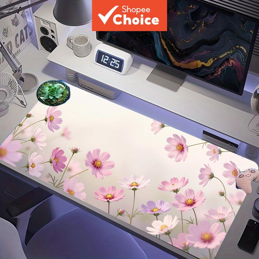 Tapete de mouse para jogos grande XXL, rosa claro e branco, com flores de cosmos em fundo creme claro, estampa floral