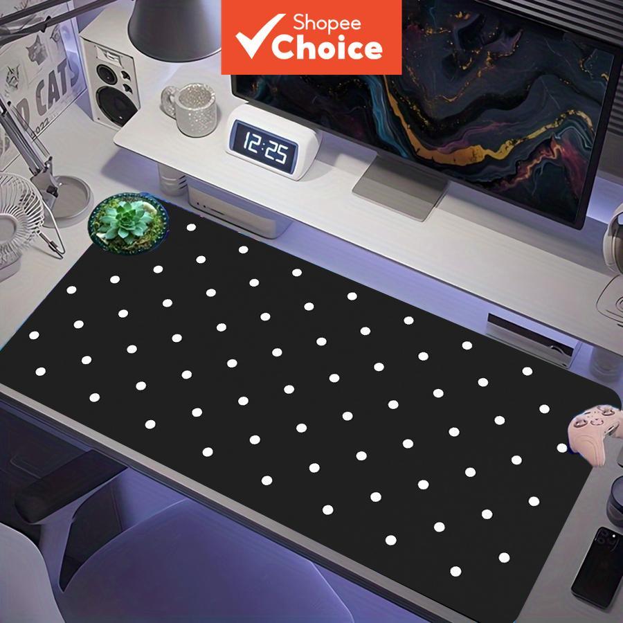 Mouse pad gamer preto sólido com bolinhas brancas, minimalista, tamanho XXL, base antiderrapante de borracha