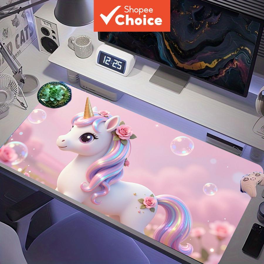 Tapete de rato para jogos XXL, tapete de mesa com desenho de unicórnio com crina arco-íris fofo e rosas