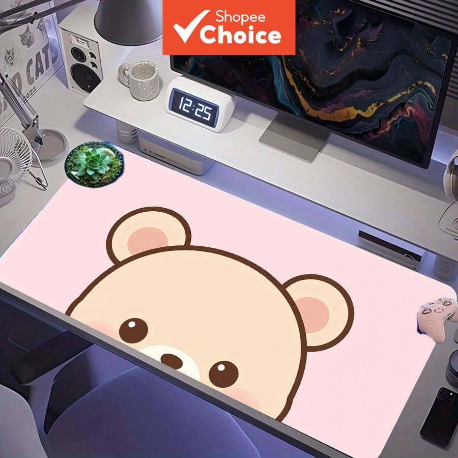Tapete de mouse de jogos grande com fundo rosa claro e desenho animado de urso fofo, XXL, base antiderrapante de