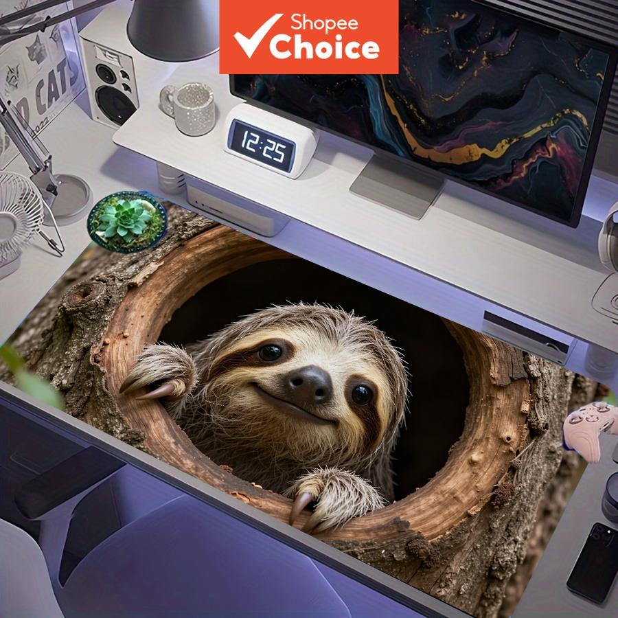 Fofa preguiça sorridente espiando de um buraco em uma árvore, tapete de mouse para jogos estendido realista, XXL grande