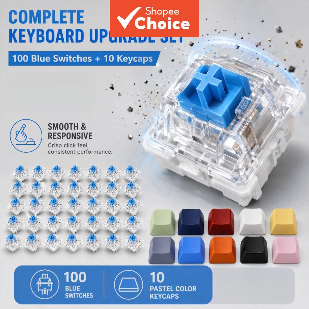ITLY Premium Blue Switch 3 Pin Interruptor tátil e clicável pré-lubrificado, conjunto com 10 teclas PBT Macaron de duas