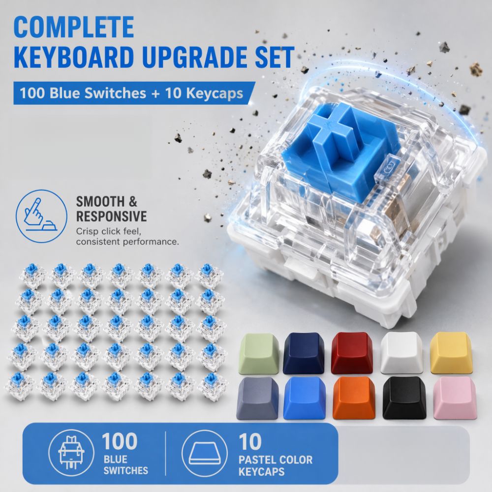 ITLY Premium Blue Switch Interruptor Tátil com Clique 3 Pinos Pré-lubrificado Pacote + 10 Teclas PBT Dupla Camada em 10