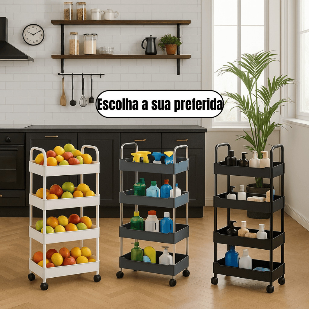 Prateleira Rodinhas Carrinho Organizador Guarda Suporte Rack Fruteira Produto Armazena