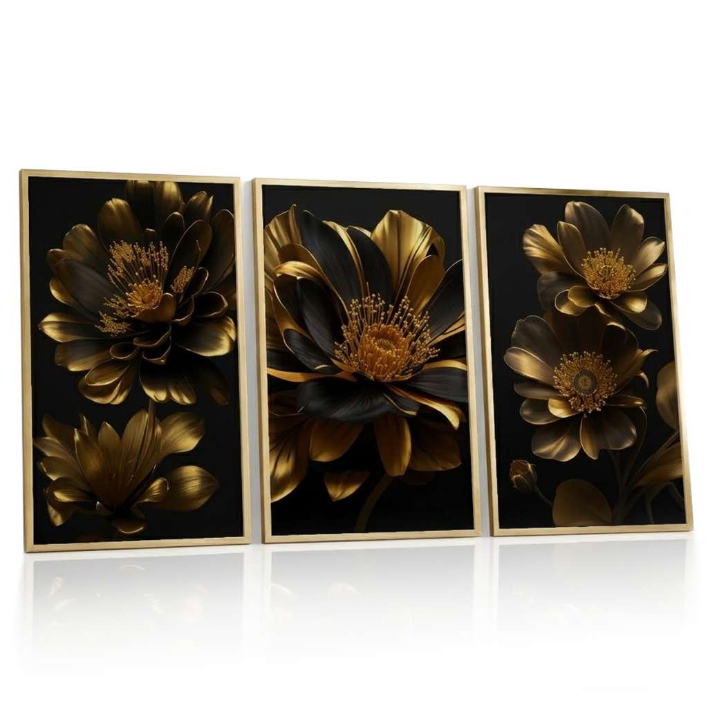 Quadro Decorativo Flores Douradas Elegante 3 peças para Sala Escrítorio Home Office Quarto Loja