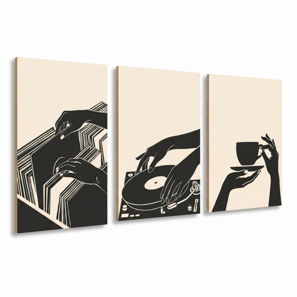 Kit 3 Quadros Decorativos Som e Pausa Vinil Café Minimalista Decoração Home Office Sem Furo 20x30