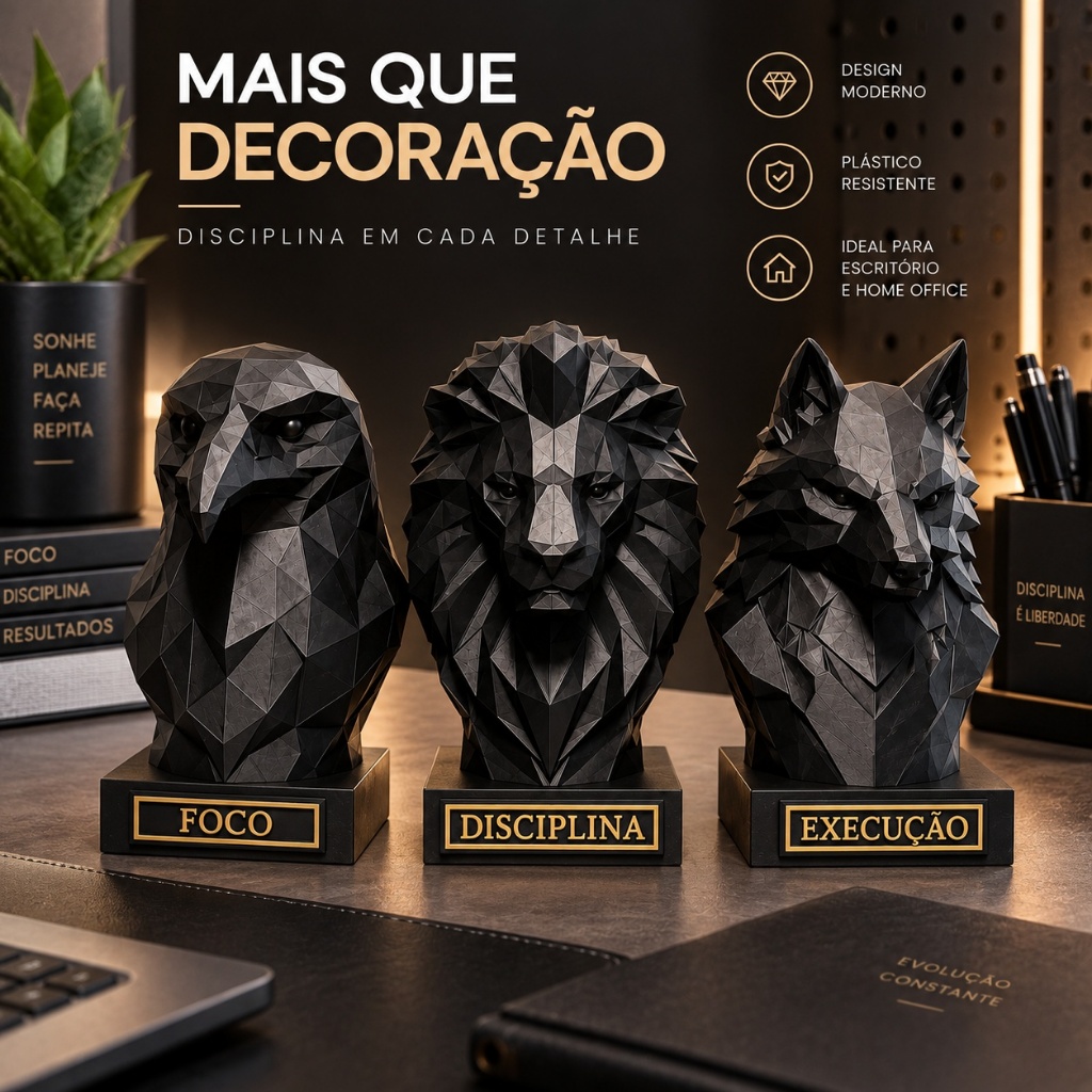 Kit Decorativo Águia Leão Lobo Foco Disciplina Execução para Escritório Home Office em Plástico Preto