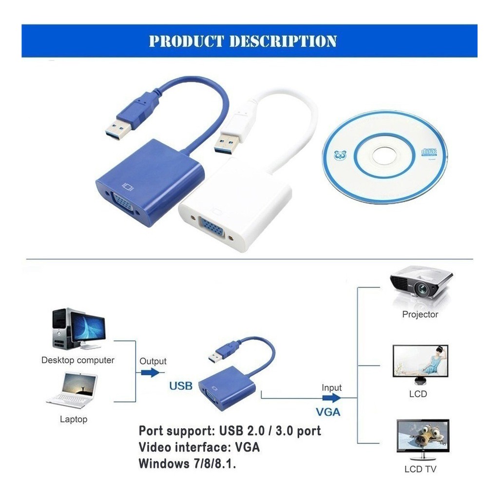 CABO QUE CONVERTE USB 3.0 2.0 PARA VGA ATÉ 1920X1080