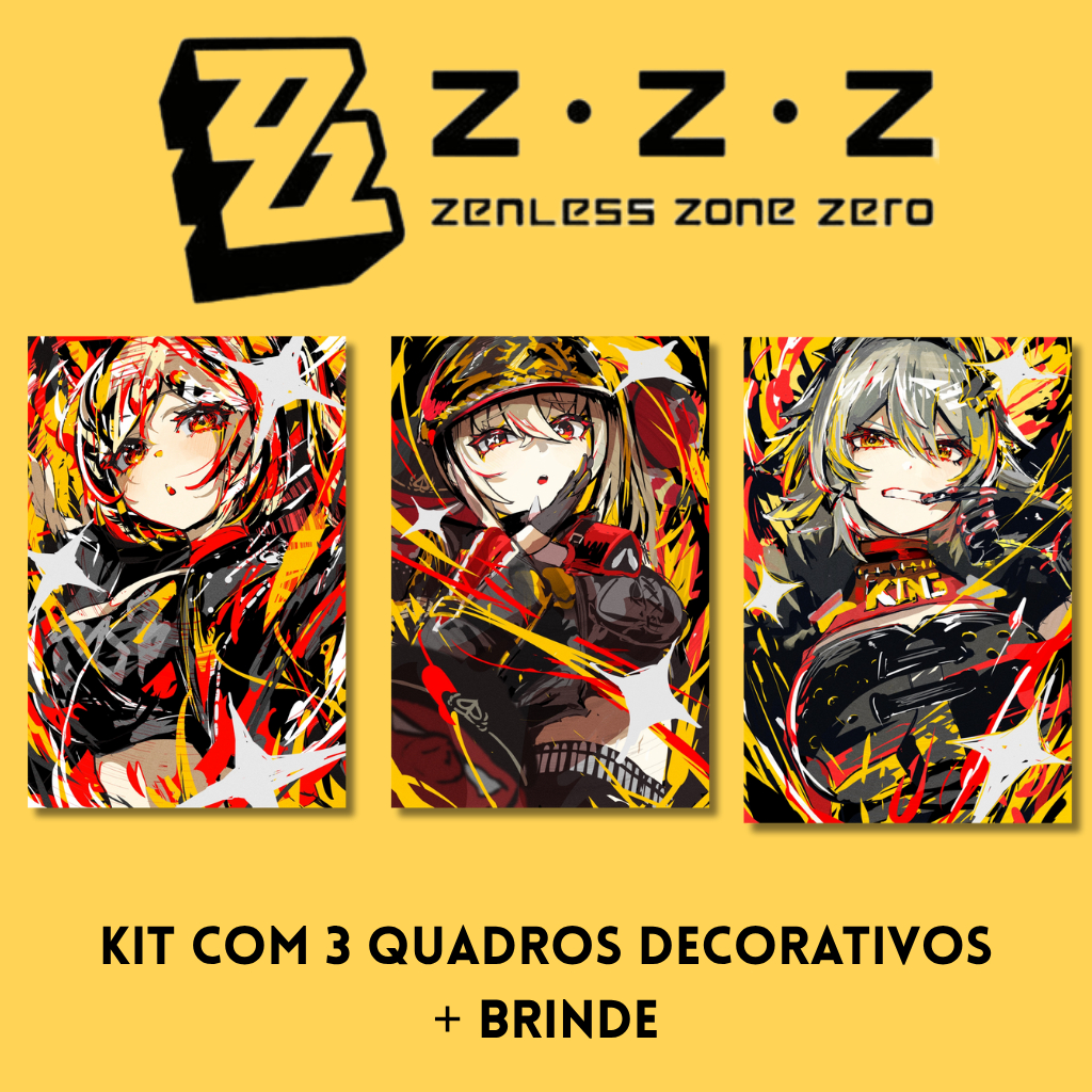 Kit com 3 Quadros Anime Zenless Zone Zero + Adesivo - (ZZZ)