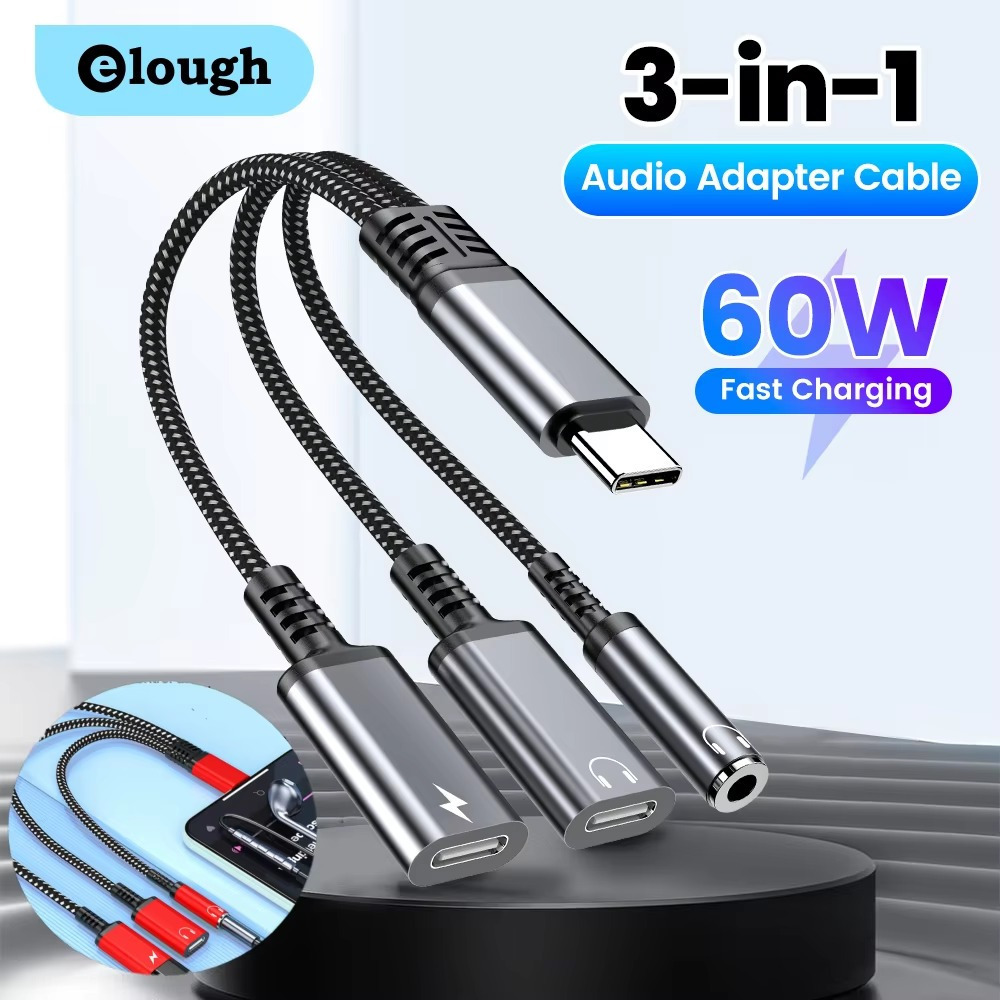 Adaptador 3 em 1 PD 60W para ANDROID iPhone 16/15 e Samsung USB-C com 2 Conectores P2 3,5mm Premium Original