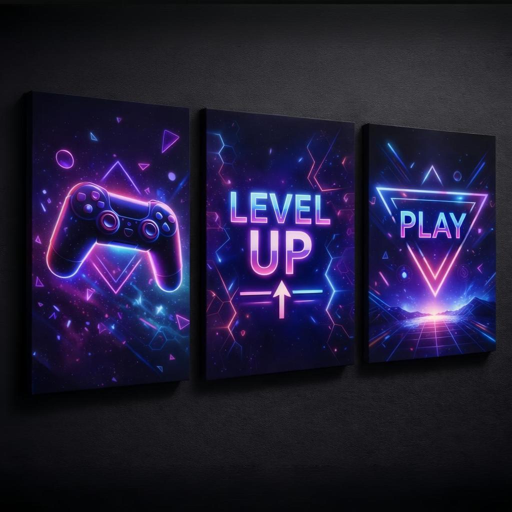 Kit 3 Quadros Decorativos MDF Controle Gamer Verde Vermelho  Rosa Roxo Quarto Gamer Level Up