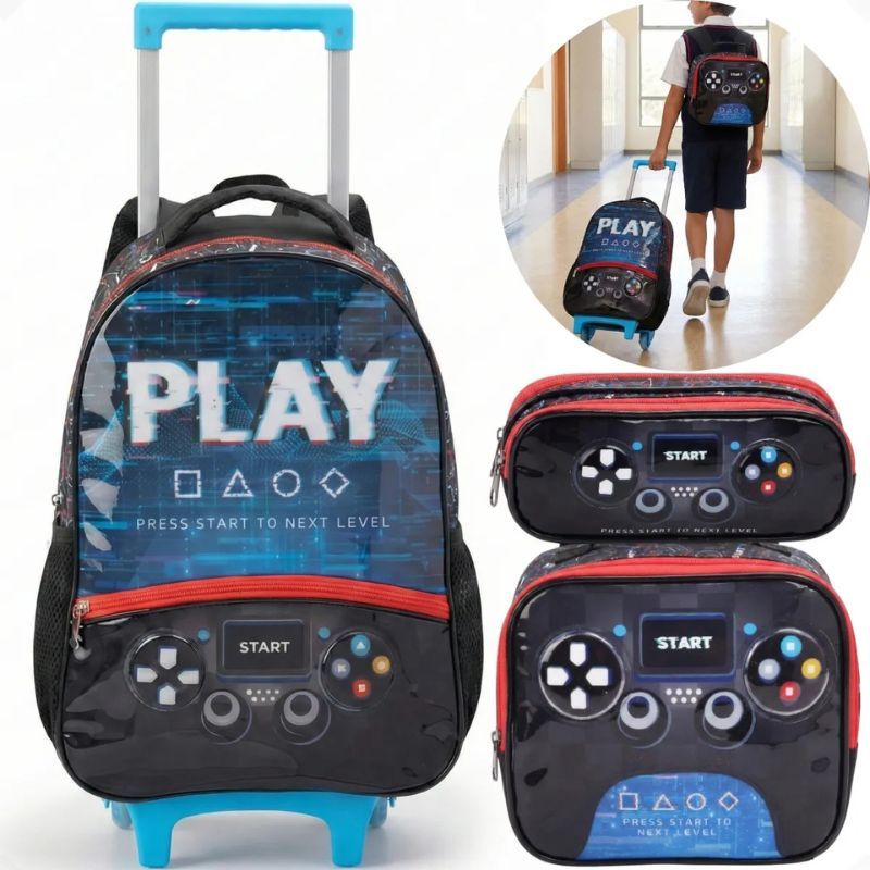 Kit Mochila Escolar de Rodinhas Lancheira Estojo Video Game Play Start Level Plastation Controle Preto Seanite
