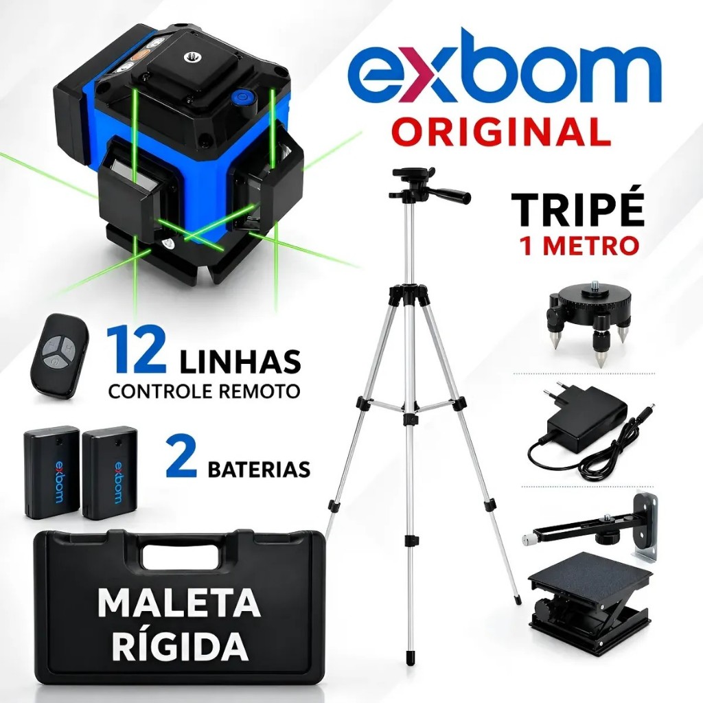 Nível Laser 12 Linhas + Tripé + Maleta Completa Controle 2 Baterias Exbom / Xcold's