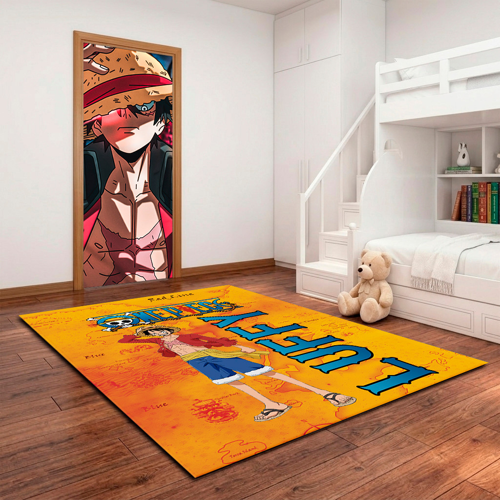 Decoração Menino Infantil com Kit Capa de Porta e Tapete Grande Para Quarto One Pirata Anime Lufy