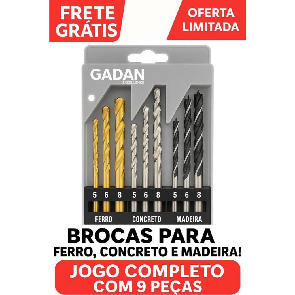 Broca 3 em 1 com 9 Peças para Madeira, Concreto e Metal | Kit Universal para Furadeira
